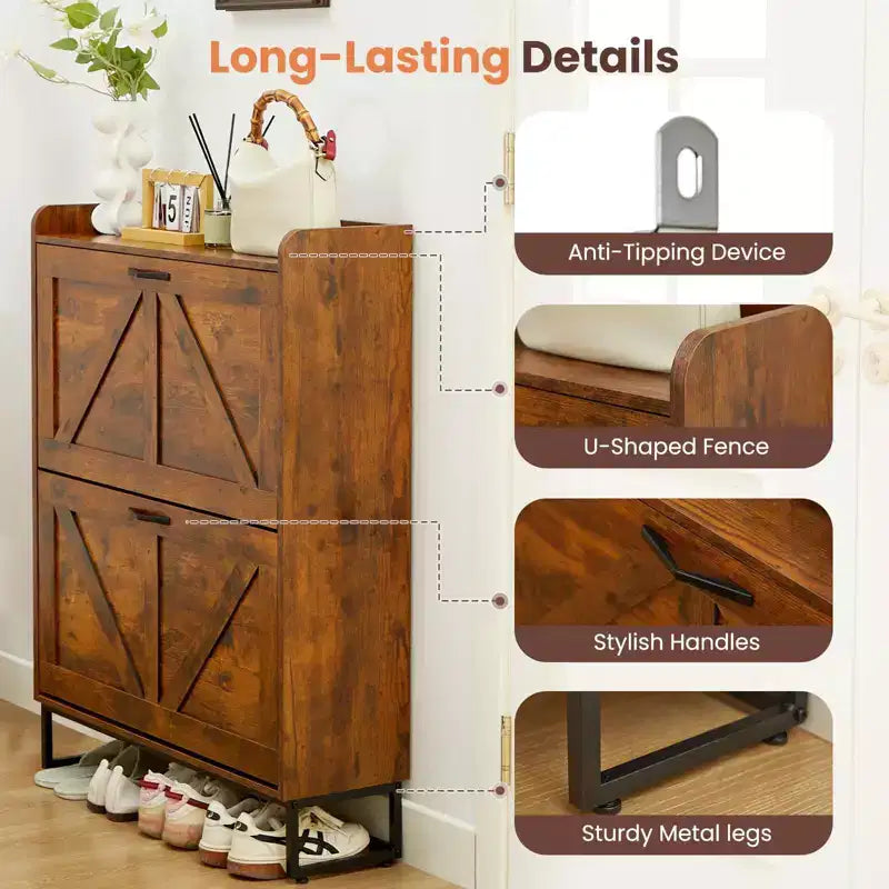 Organisateurs et Rangement pour Armoire à Chaussures, Range-chaussures caché avec 2 Portes à Abattants, Armoire à Chaussures Haute et Étroite, Organisateur de Chaussures pour Entrée, Couloir