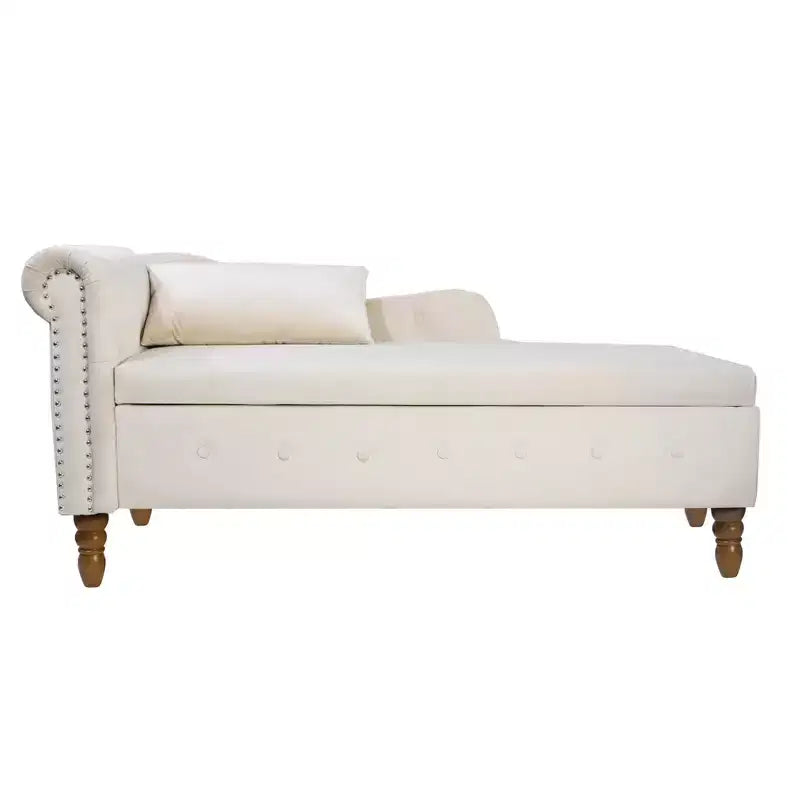 Chaise longue en velours avec rangement caché, accoudoirs roulés et coussin, style Chesterfield