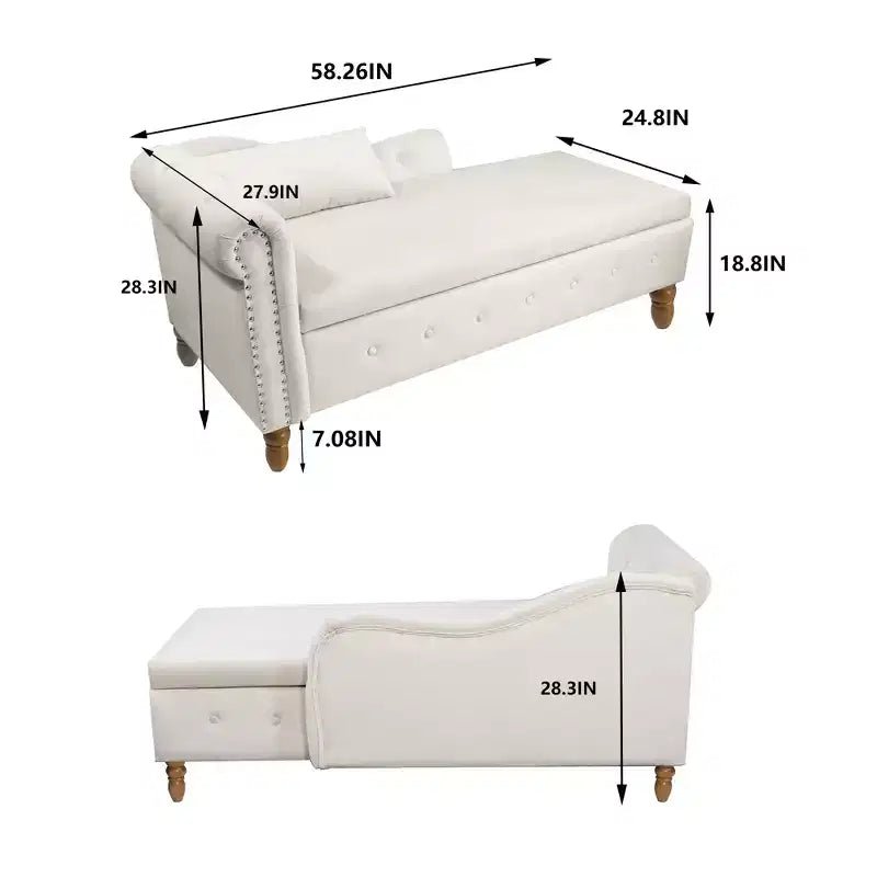 Chaise longue en velours avec rangement caché, accoudoirs roulés et coussin, style Chesterfield