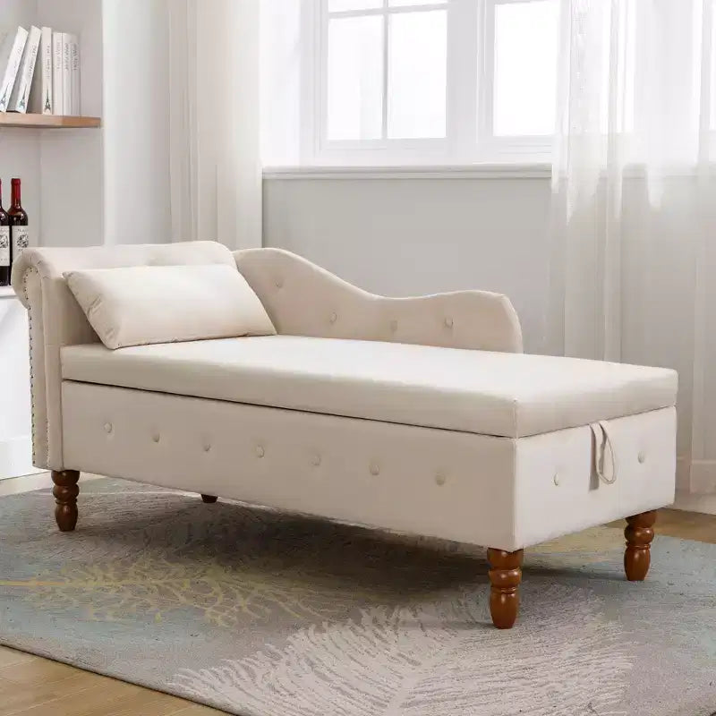 Chaise longue en velours avec rangement caché, accoudoirs roulés et coussin, style Chesterfield