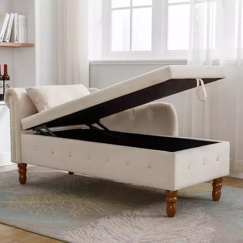 Chaise longue en velours avec rangement caché, accoudoirs roulés et coussin, style Chesterfield