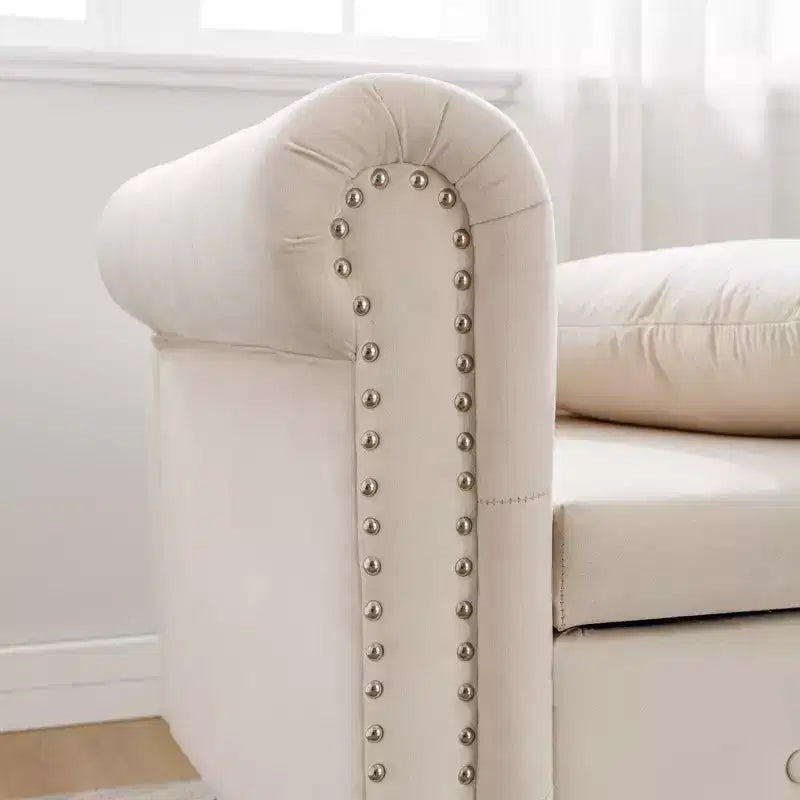 Chaise longue en velours avec rangement caché, accoudoirs roulés et coussin, style Chesterfield