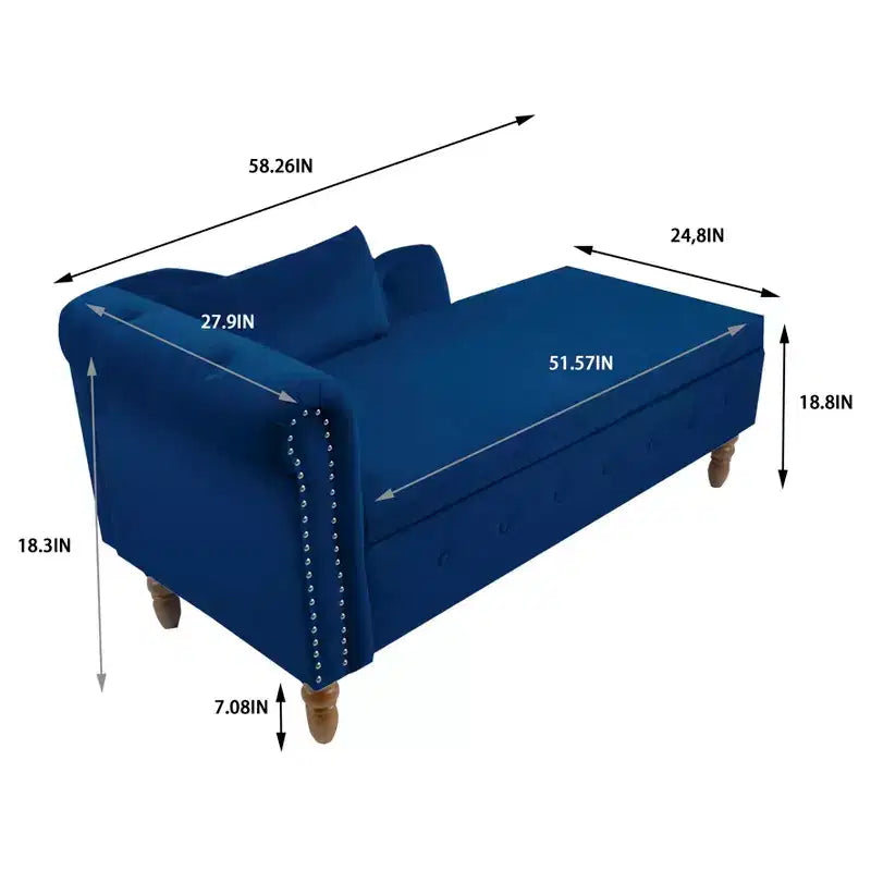 Chaise longue en velours avec rangement caché, accoudoirs roulés et coussin, style Chesterfield