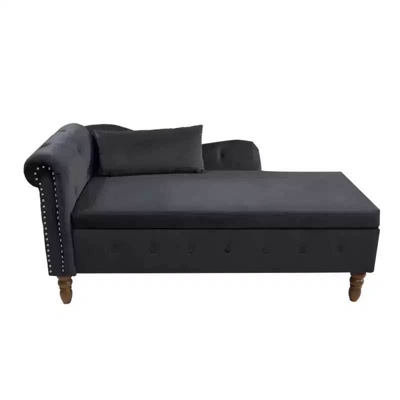 Chaise longue en velours avec rangement caché, accoudoirs roulés et coussin, style Chesterfield