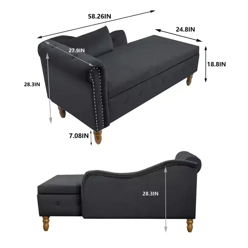Chaise longue en velours avec rangement caché, accoudoirs roulés et coussin, style Chesterfield