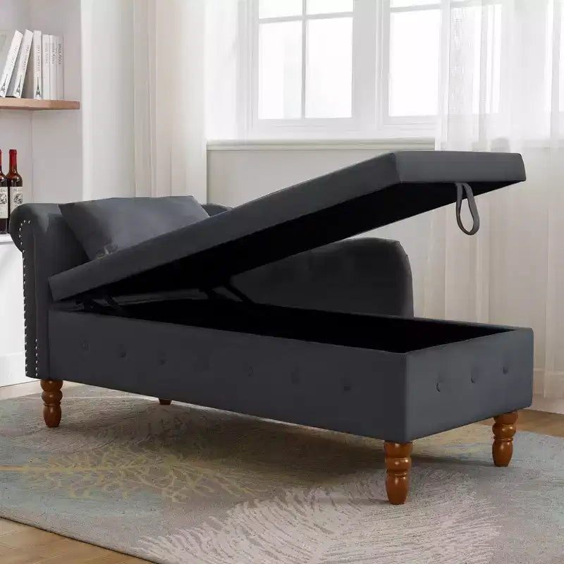 Chaise longue en velours avec rangement caché, accoudoirs roulés et coussin, style Chesterfield