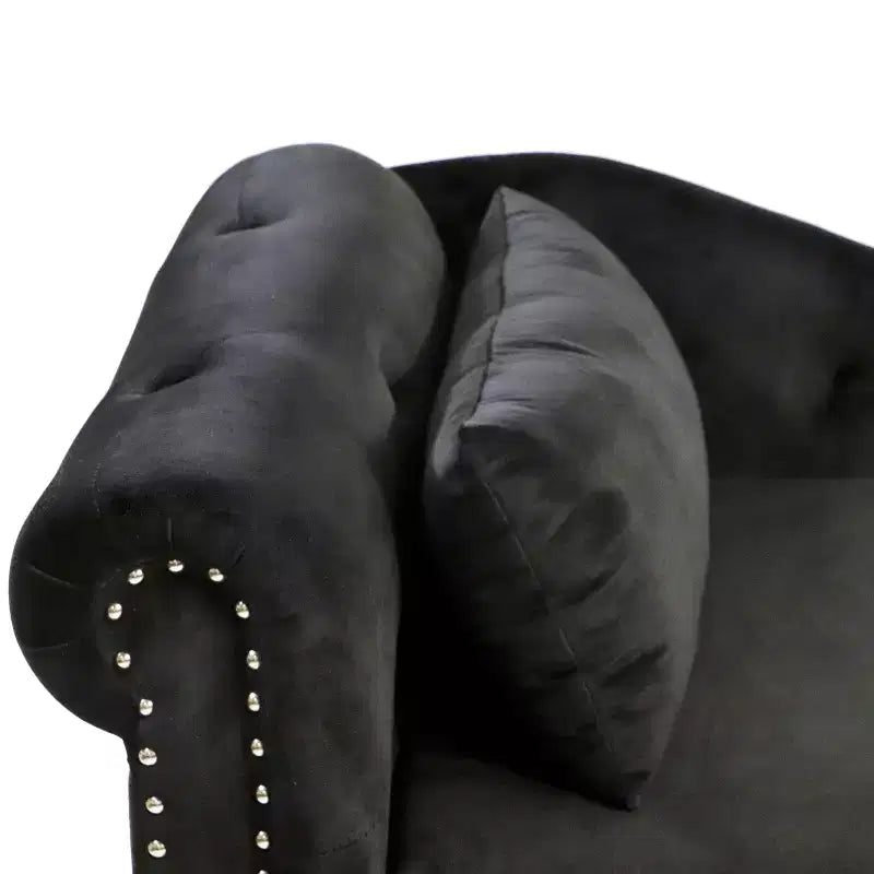 Chaise longue en velours avec rangement caché, accoudoirs roulés et coussin, style Chesterfield