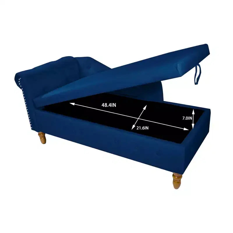 Chaise longue en velours avec rangement caché, accoudoirs roulés et coussin, style Chesterfield
