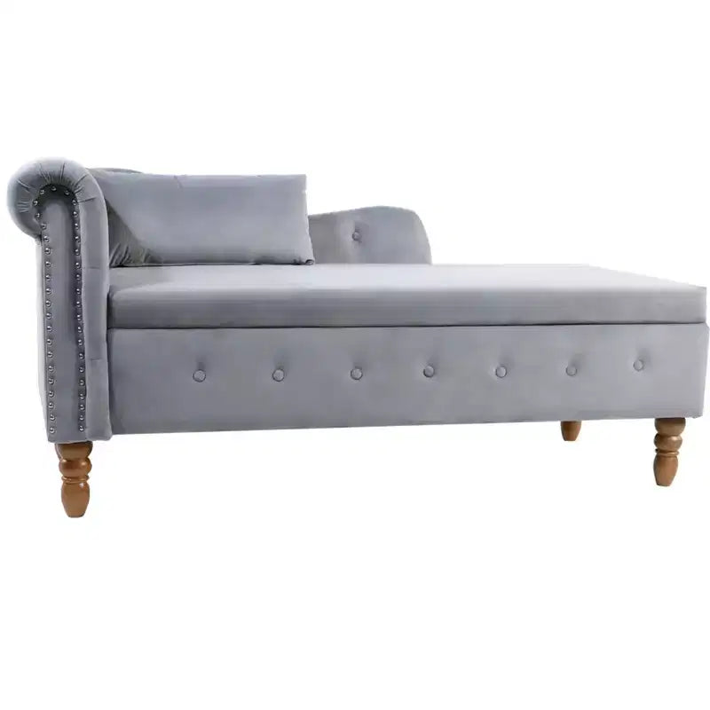 Chaise longue en velours avec rangement caché, accoudoirs roulés et coussin, style Chesterfield