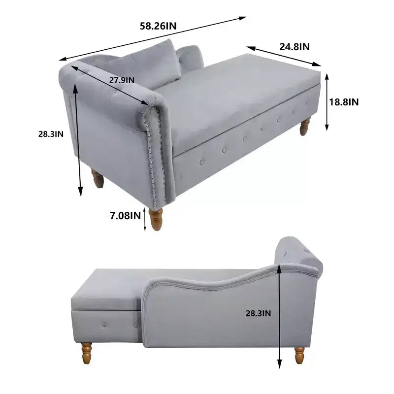 Chaise longue en velours avec rangement caché, accoudoirs roulés et coussin, style Chesterfield