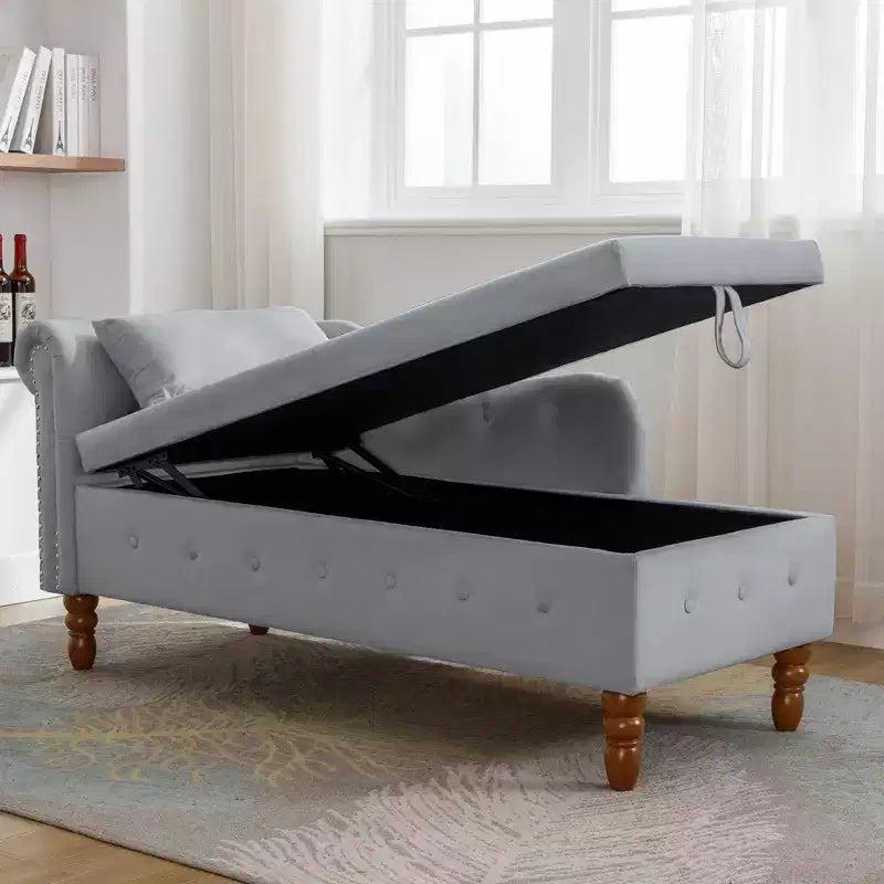 Chaise longue en velours avec rangement caché, accoudoirs roulés et coussin, style Chesterfield