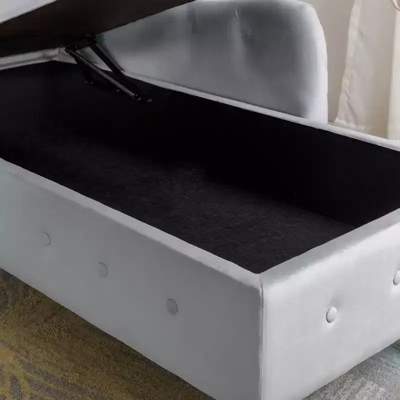 Chaise longue en velours avec rangement caché, accoudoirs roulés et coussin, style Chesterfield