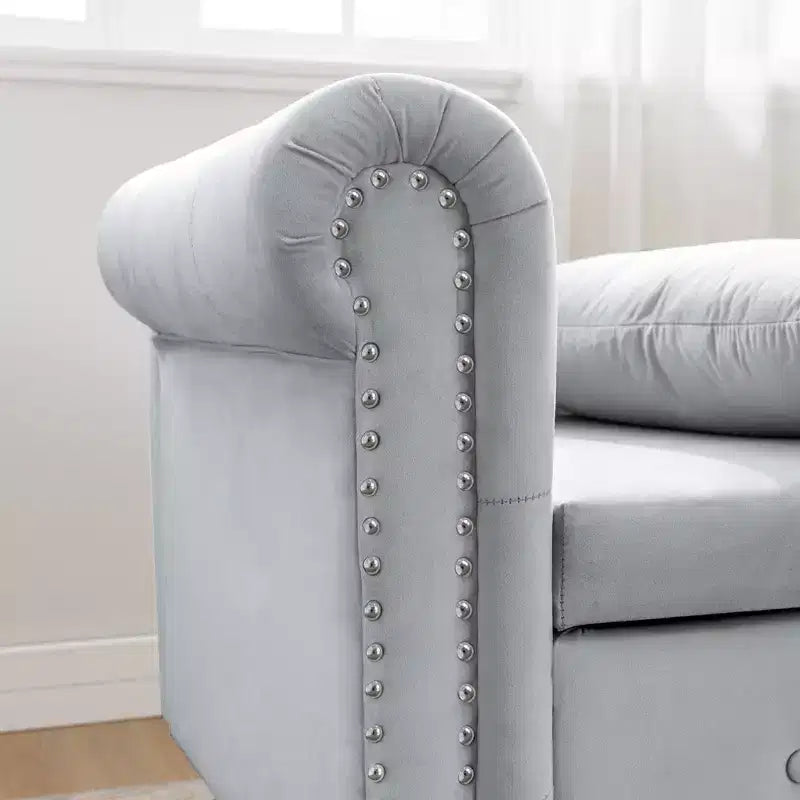 Chaise longue en velours avec rangement caché, accoudoirs roulés et coussin, style Chesterfield