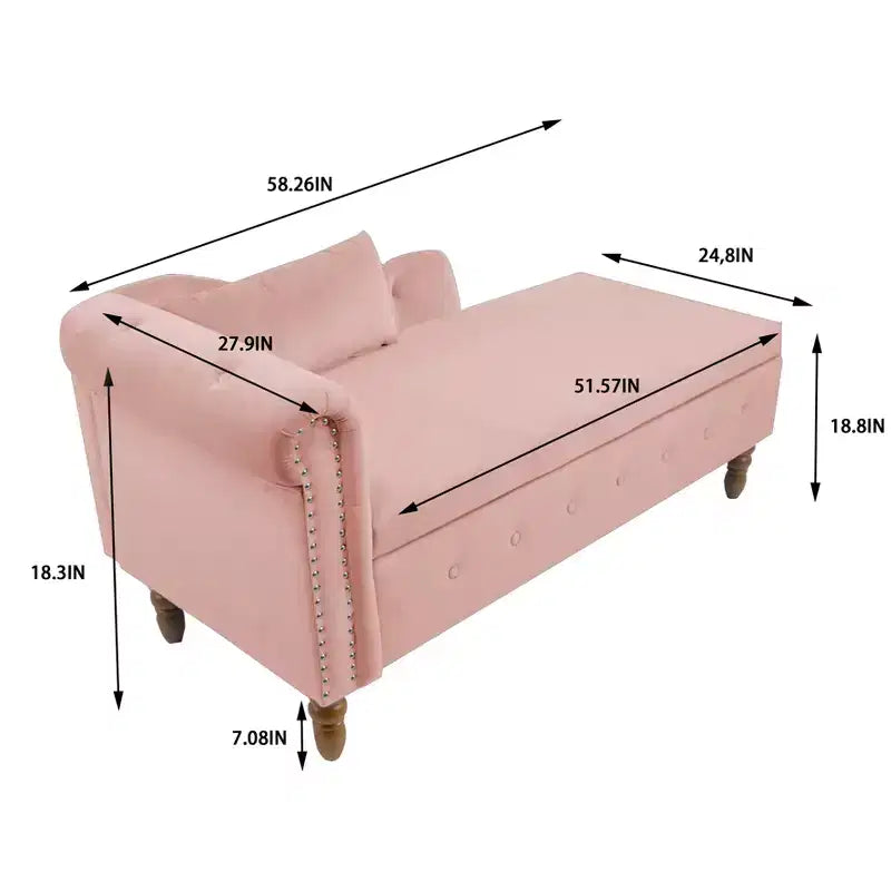 Chaise longue en velours avec rangement caché, accoudoirs roulés et coussin, style Chesterfield