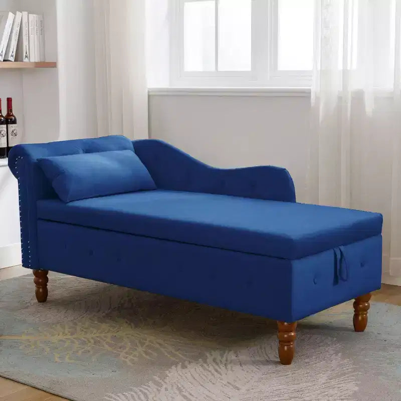 Chaise longue en velours avec rangement caché, accoudoirs roulés et coussin, style Chesterfield