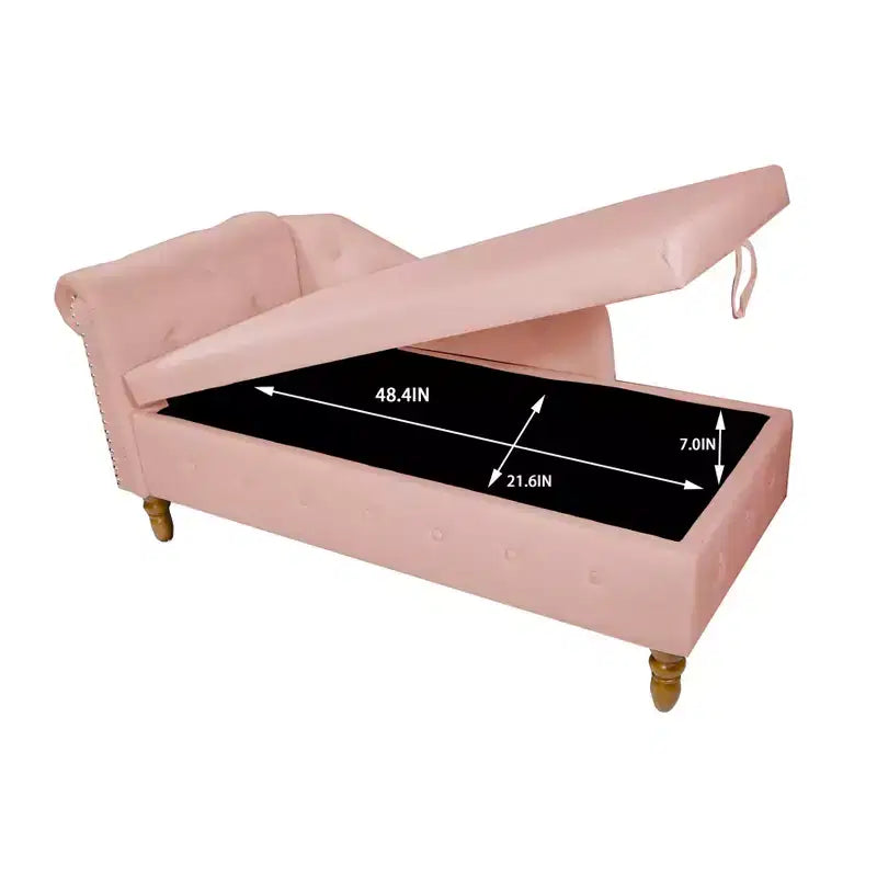 Chaise longue en velours avec rangement caché, accoudoirs roulés et coussin, style Chesterfield