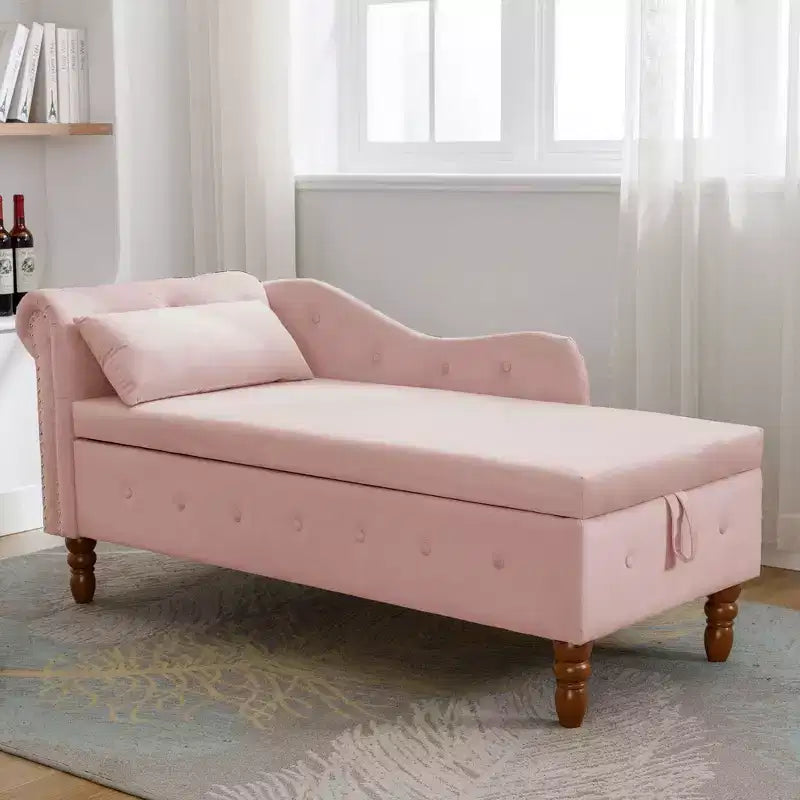 Chaise longue en velours avec rangement caché, accoudoirs roulés et coussin, style Chesterfield