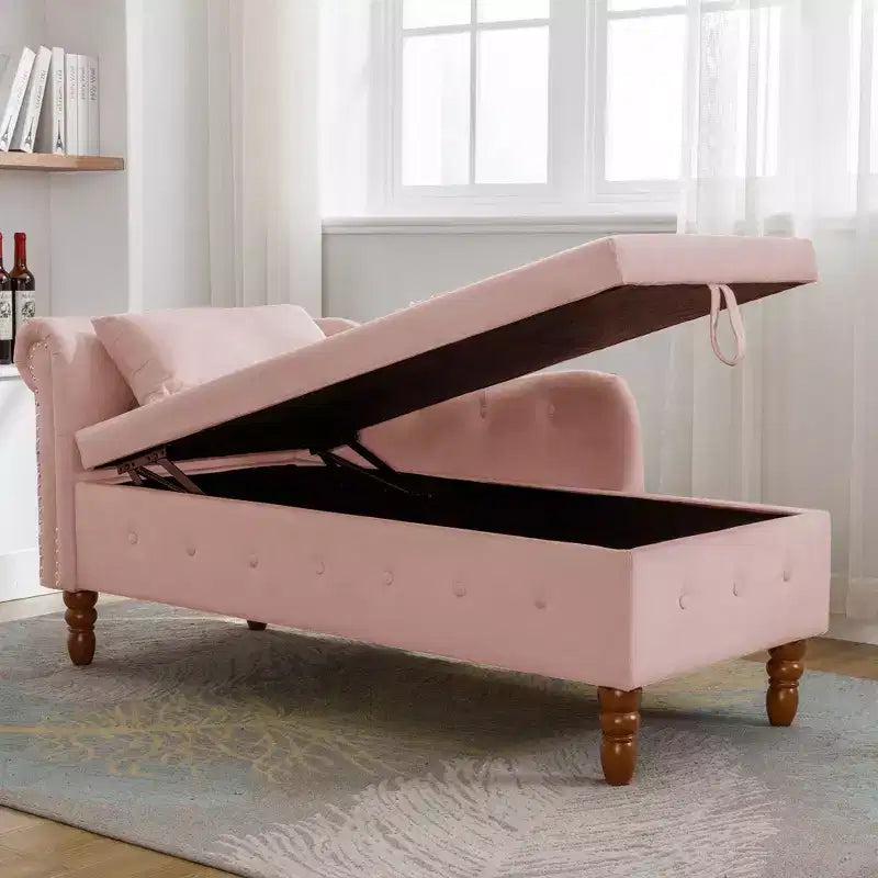 Chaise longue en velours avec rangement caché, accoudoirs roulés et coussin, style Chesterfield