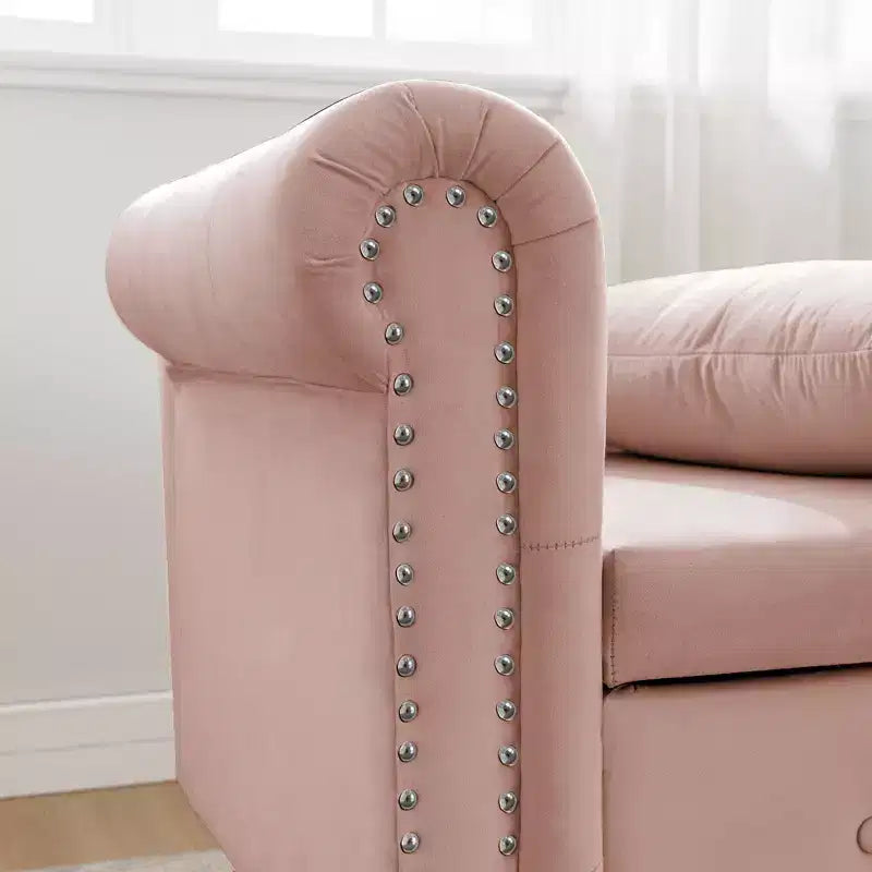 Chaise longue en velours avec rangement caché, accoudoirs roulés et coussin, style Chesterfield