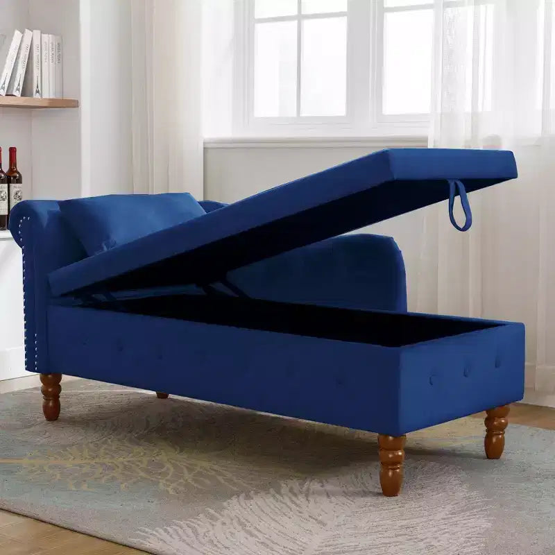 Chaise longue en velours avec rangement caché, accoudoirs roulés et coussin, style Chesterfield
