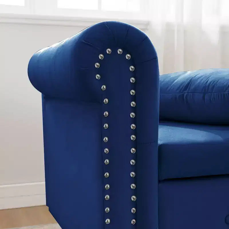 Chaise longue en velours avec rangement caché, accoudoirs roulés et coussin, style Chesterfield
