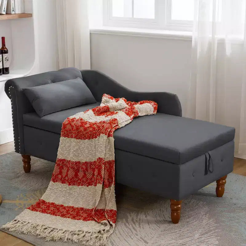 Chaise longue en velours avec rangement caché, accoudoirs roulés et coussin, style Chesterfield