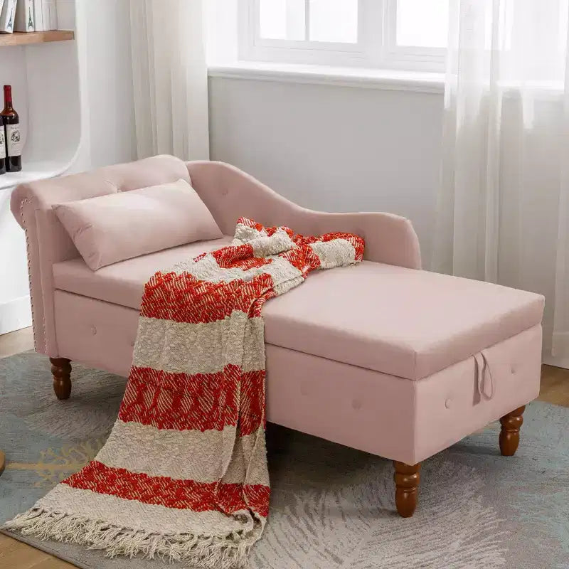 Chaise longue en velours avec rangement caché, accoudoirs roulés et coussin, style Chesterfield