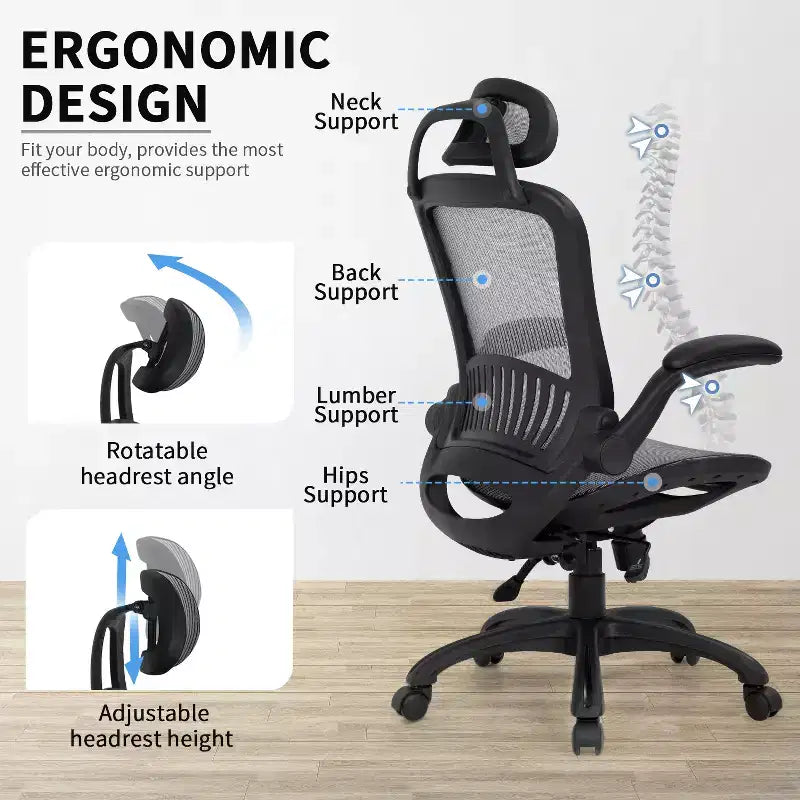 Chaise de bureau ergonomique en maille avec dossier haut, accoudoirs et hauteur réglables
