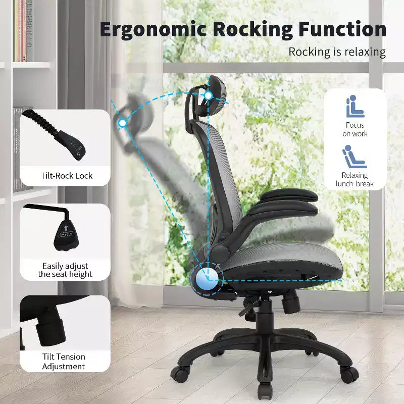 Chaise de bureau ergonomique en maille avec dossier haut, accoudoirs et hauteur réglables
