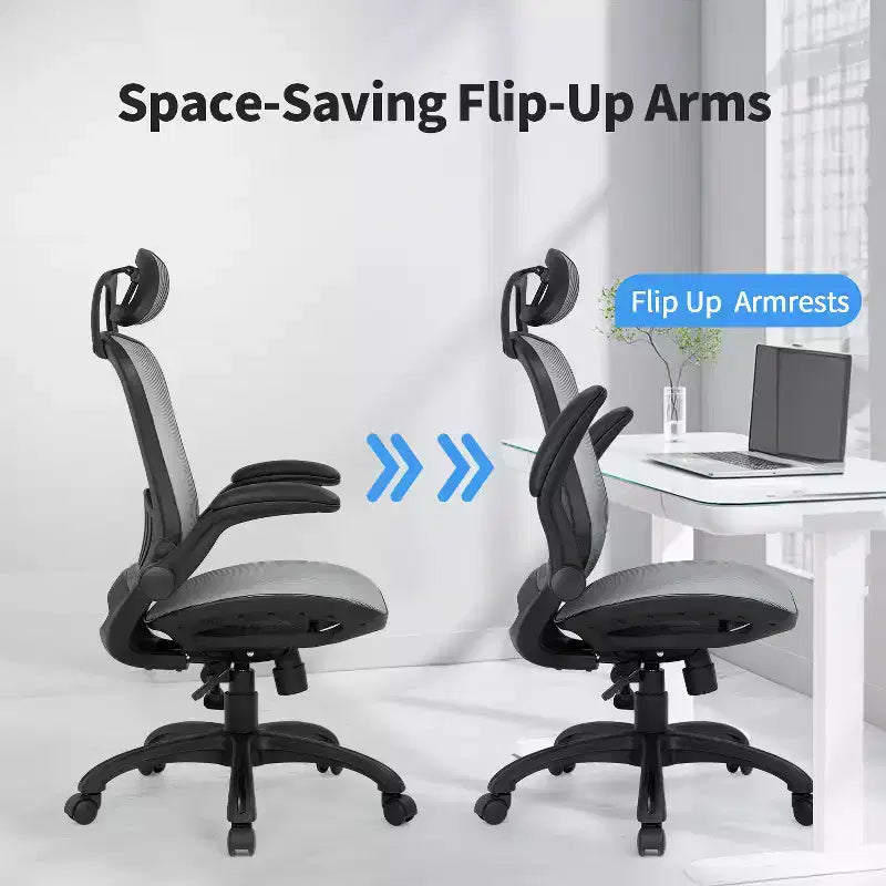 Chaise de bureau ergonomique en maille avec dossier haut, accoudoirs et hauteur réglables