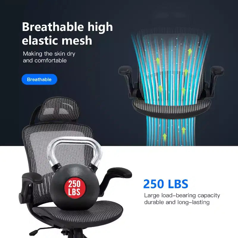 Chaise de bureau ergonomique en maille avec dossier haut, accoudoirs et hauteur réglables