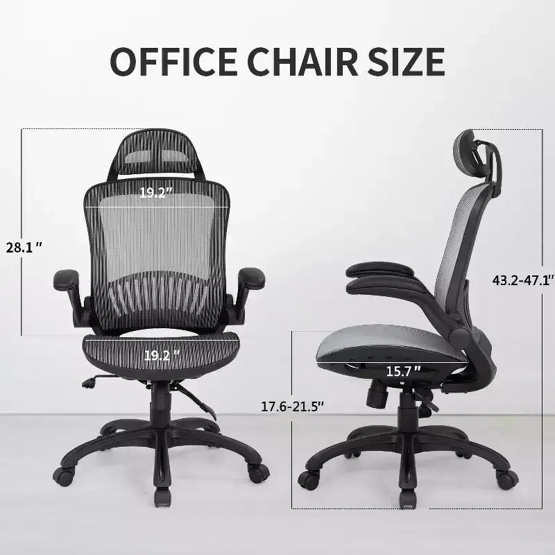 Chaise de bureau ergonomique en maille avec dossier haut, accoudoirs et hauteur réglables