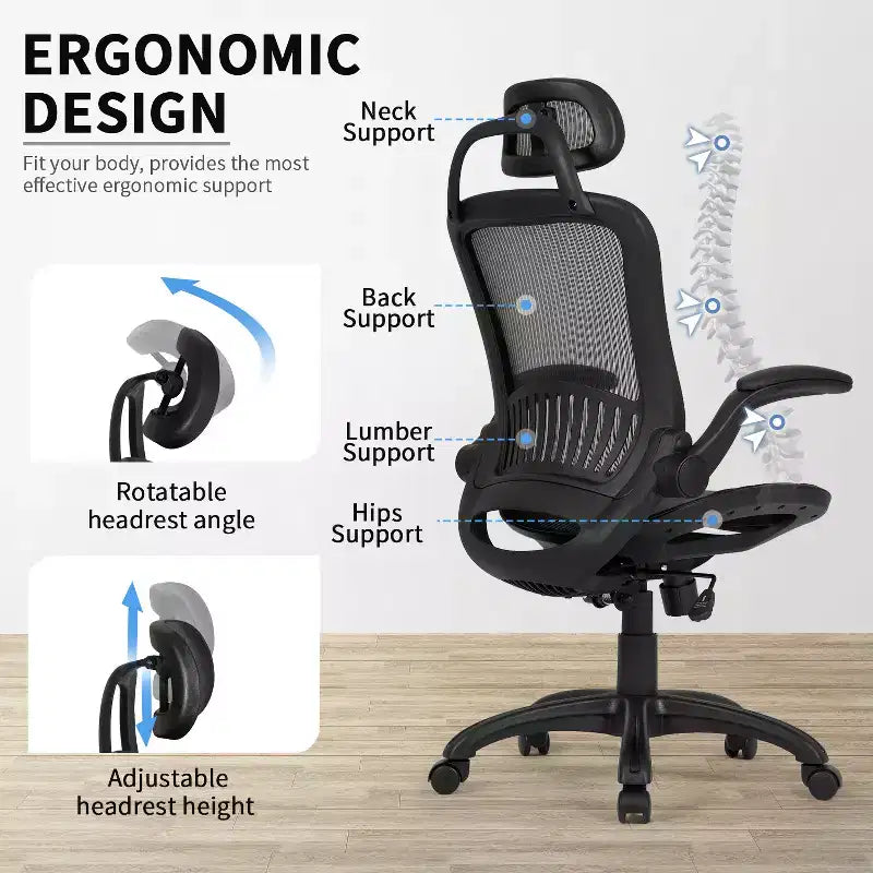Chaise de bureau ergonomique en maille avec dossier haut, accoudoirs et hauteur réglables