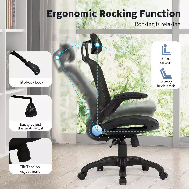 Chaise de bureau ergonomique en maille avec dossier haut, accoudoirs et hauteur réglables