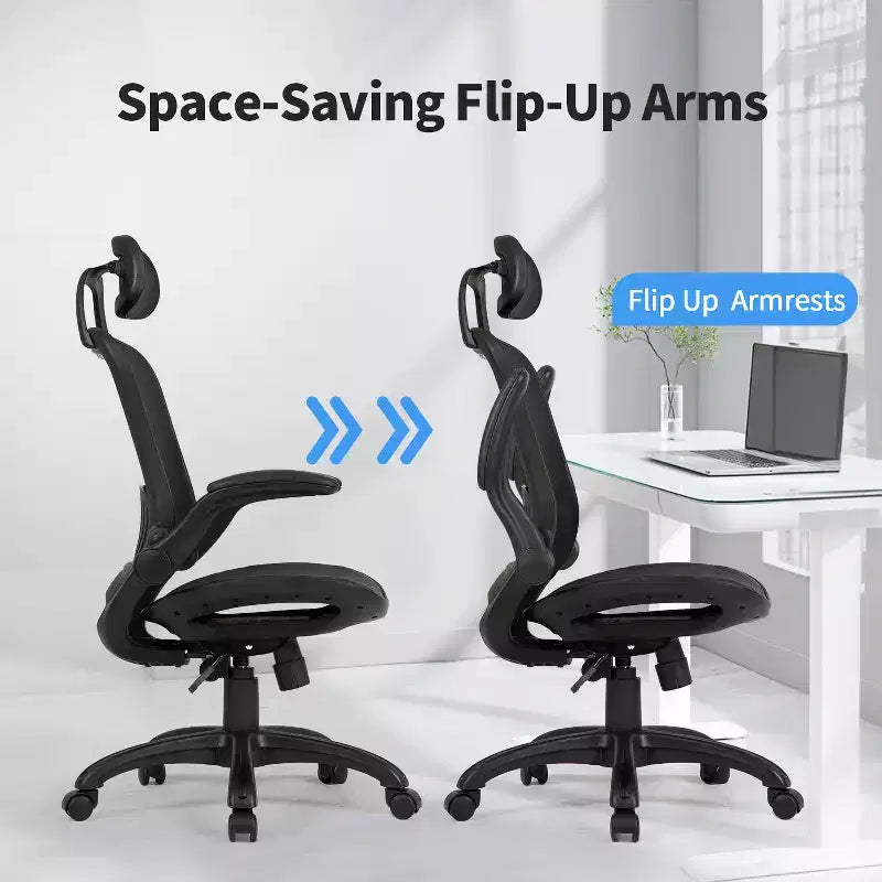 Chaise de bureau ergonomique en maille avec dossier haut, accoudoirs et hauteur réglables