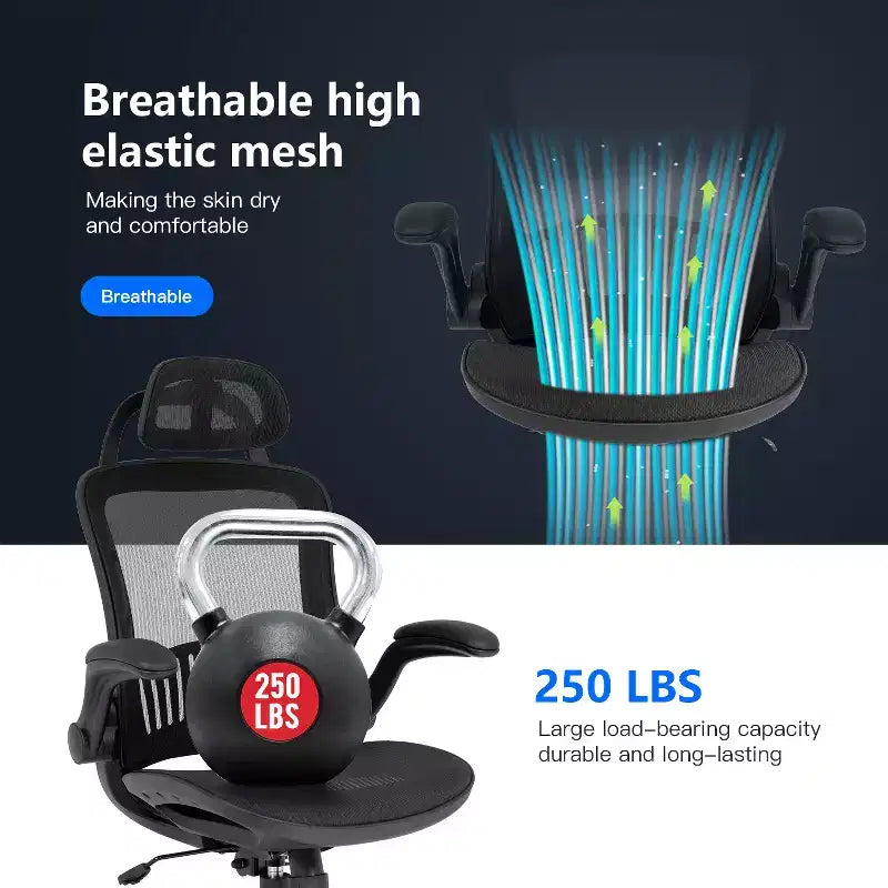 Chaise de bureau ergonomique en maille avec dossier haut, accoudoirs et hauteur réglables