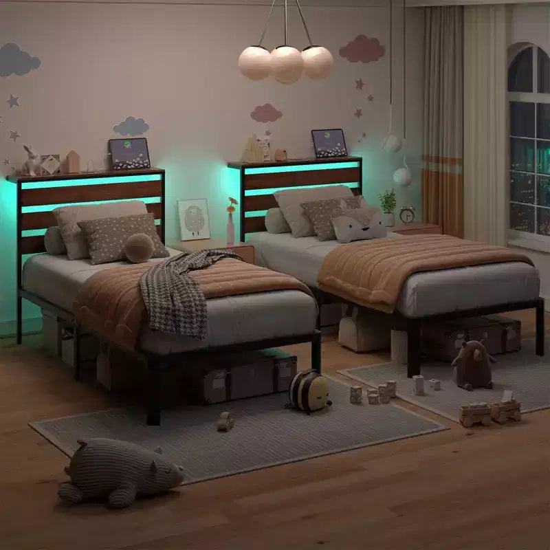 Cadre de lit double en métal avec station de recharge et lumières LED, gain de place, montage facile