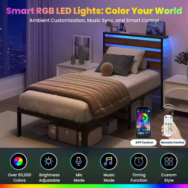 Cadre de lit double en métal avec station de recharge et lumières LED, gain de place, montage facile