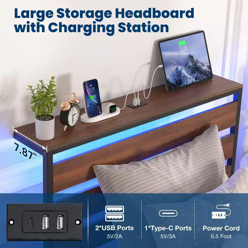 Cadre de lit double en métal avec station de recharge et lumières LED, gain de place, montage facile