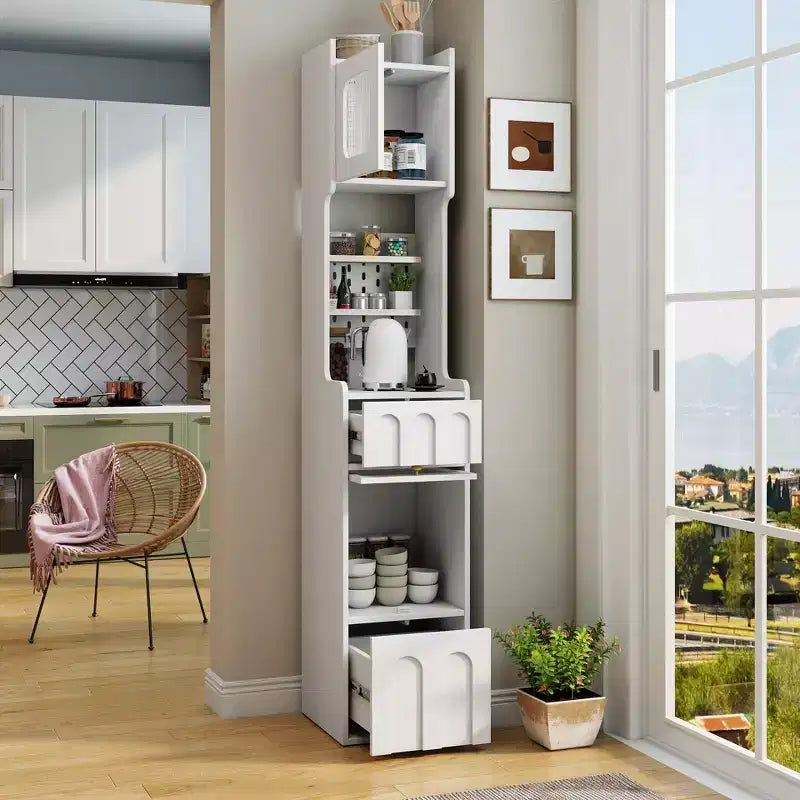 Meuble de rangement moderne de 180 cm de haut avec 2 tiroirs et portes vitrées