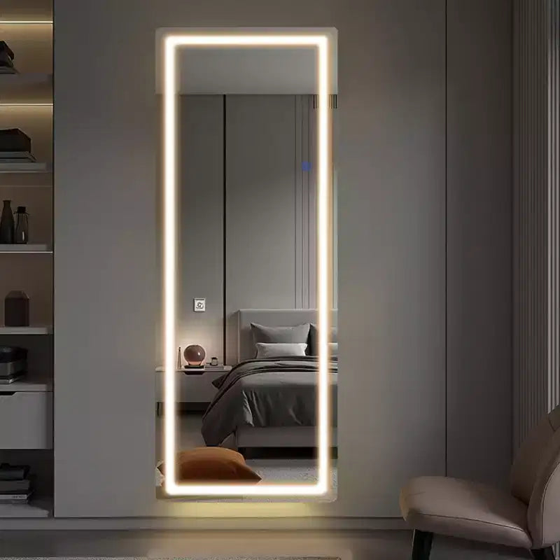 Miroir sans cadre rectangulaire pleine longueur en alliage d'aluminium avec coins arrondis et support pour salon et chambre à coucher, blanc