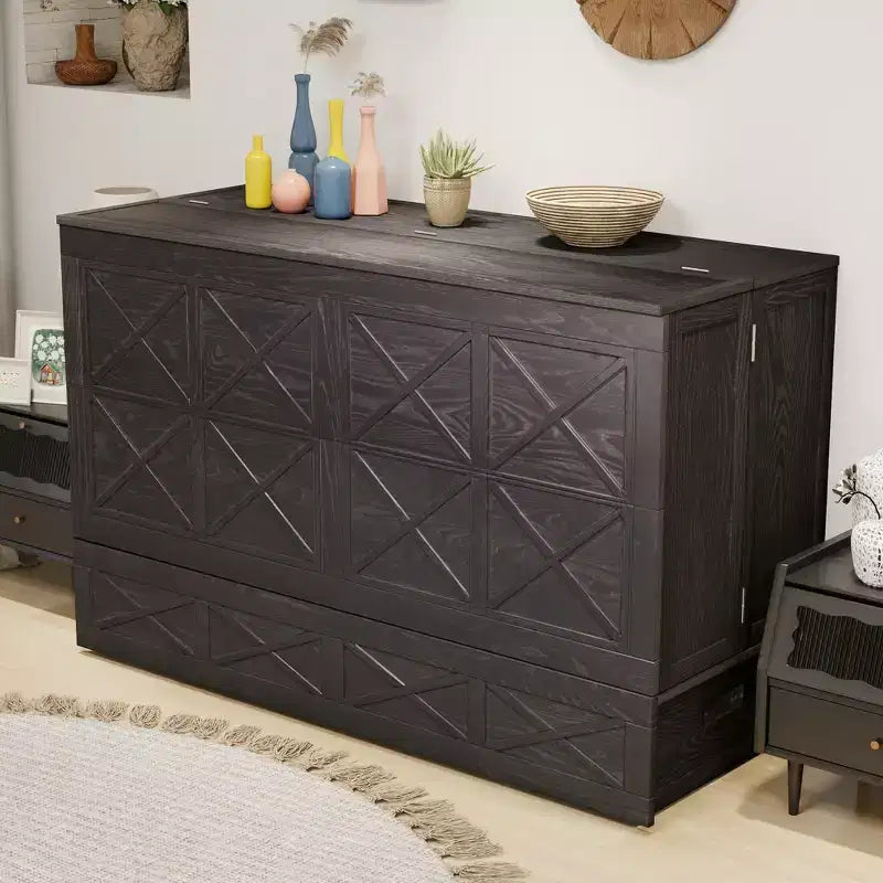 Lit escamotable Queen en bois massif avec chargeur intégré et tiroir robuste