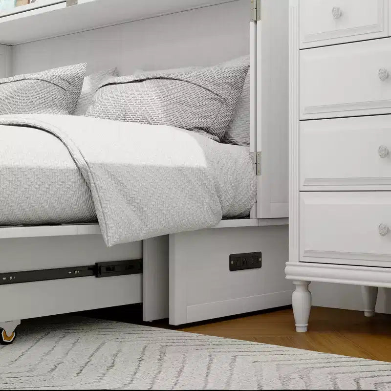 Lit escamotable Queen en bois massif avec chargeur intégré et tiroir robuste