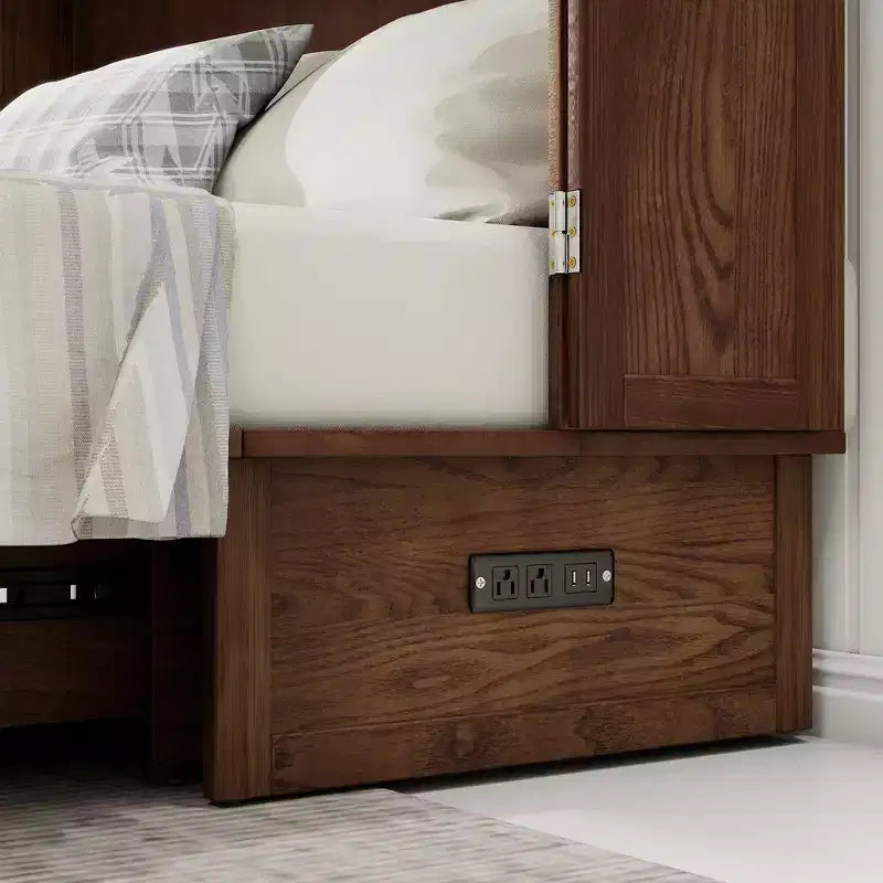 Lit escamotable Queen en bois massif avec chargeur intégré et tiroir robuste