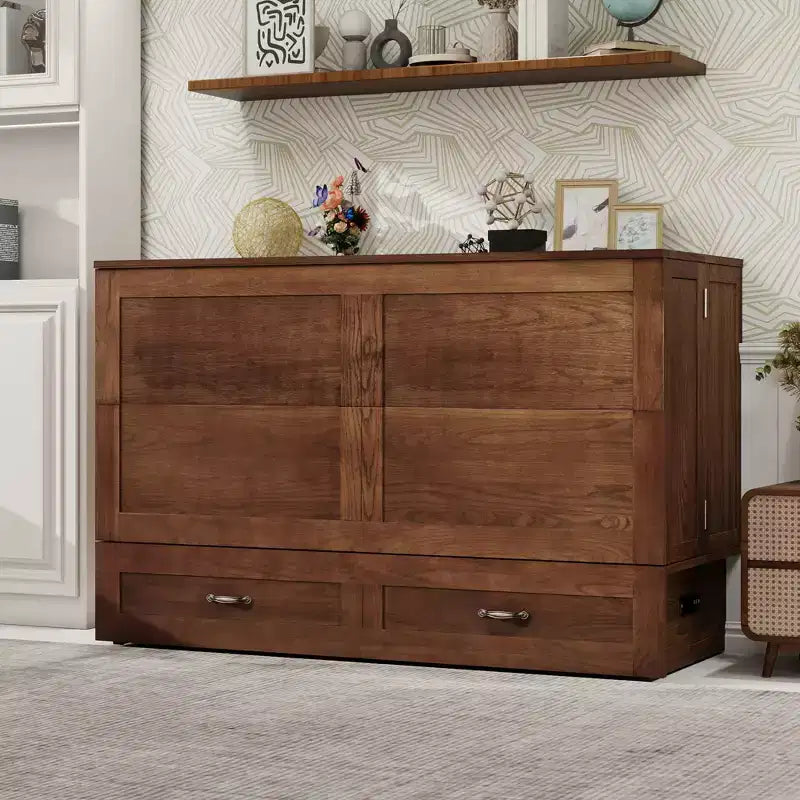 Lit escamotable Queen en bois massif avec chargeur intégré et tiroir robuste
