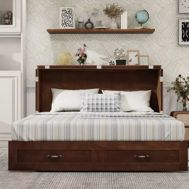 Lit escamotable Queen en bois massif avec chargeur intégré et tiroir robuste
