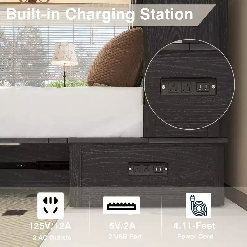 Lit escamotable Queen en bois massif avec chargeur intégré et tiroir robuste