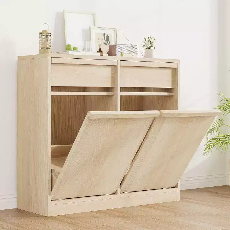 Meuble Poubelle Inclinable, Cache-Poubelle en Bois Naturel pour Bacs de 10/20 Gallons, Meuble Poubelle Anti-Animaux Moderne