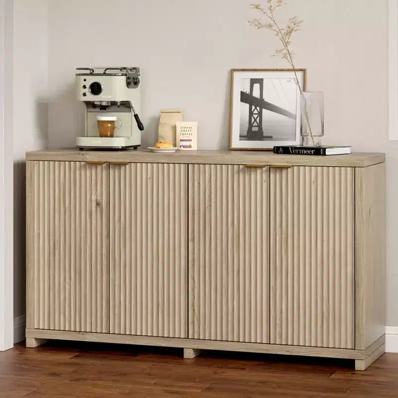 Buffet moderne cannelé avec rangement, 4 portes à fermeture douce, étagères réglables, plateau épais, gestion des câbles, buffet de 40 cm de profondeur pour la cuisine