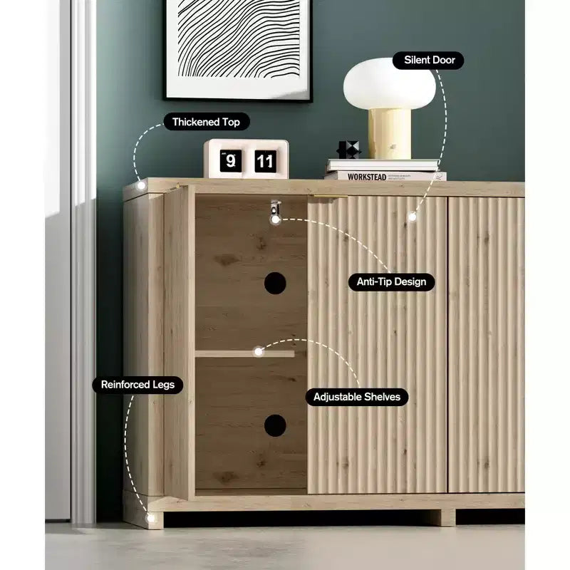 Buffet moderne cannelé avec rangement, 4 portes à fermeture douce, étagères réglables, plateau épais, gestion des câbles, buffet de 40 cm de profondeur pour la cuisine